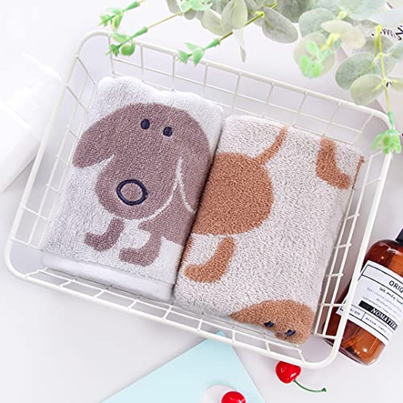 Kissvian 2 Pack Pure Cotton Hand Bath Towel Set, Cartoon Dog Pattern Fingertip Towels Face Cloths, Soft and Absorbent Washcloths for Bathroom, Size 13.4" x 28.4"