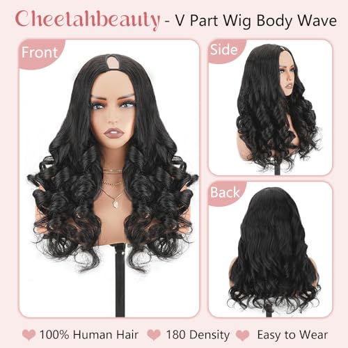 14 Inch Natural Black V Part Human Hair Wig Body Wave 180% Density Glueless, Beginner Friendly