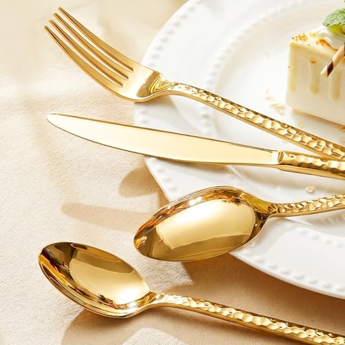 Gold Flatware Set for 8 - 40-Piece Hammered Stainless Steel Cutlery