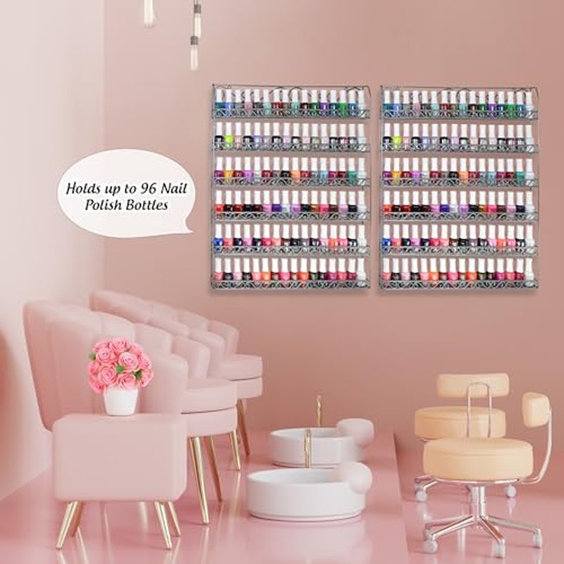 AMT Metal Nail Polish Racks for The Wall | Clear Nail Polish Display | Essential Oils Organizer | Holds up to 108 Bottles (Silver)