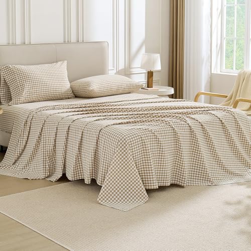 Pure Era Brown Gingham King Sheets Set - 100% Washed Cotton Linen-Like