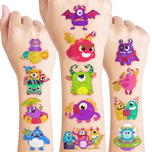 96 PCS Monster Pre-Cut Temporary Tattoos for Kids | Super Cute Monster Themed Birthday Party Favors, Supplies, Decorations, Fake Tattoo Stickers, School Rewards Prizes & Gifts for Boys & Girls