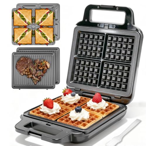 FineMade 3-in-1 Belgian Waffle Maker with Removable Plates - Large Family Grill & Sandwich Press