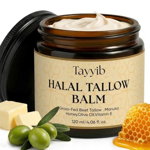 Tayyib Halal Tallow Balm, Manuka Honey and Grass-Fed Tallow Moisturizer for Face & Body, Unscented, Whipped smooth, absorbs fast, no heaviness, 4 oz