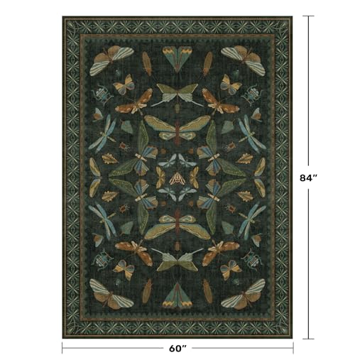Hazo Haus 5'x7' Dark Green Fairy Insect Area Rug, Washable Non-Slip Carpet for Living Room & Bedroom