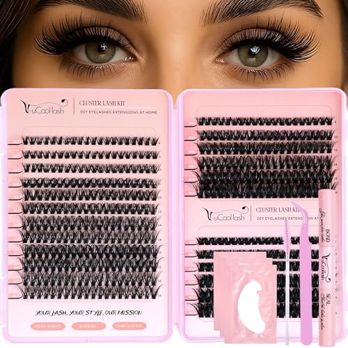 DIY Lash Clusters Kit - 480 PCS, Wispy D Curl Eyelash Extensions 8-16mm with Bond & Seal Glue, Tweezers, 3 Pads & Brush - Beginner-Friendly Individual Cluster Lashes (50D/60D/80D)