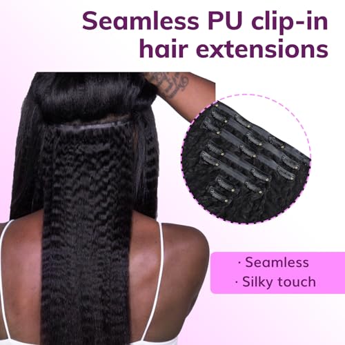 Seamless Clip-In Hair Extensions - Kinky Straight 14 Inch Natural Black 9pcs