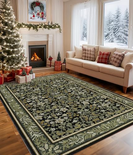 Green Black Washable 6x9 Rug for Living Room & Bedroom - GarveeHome