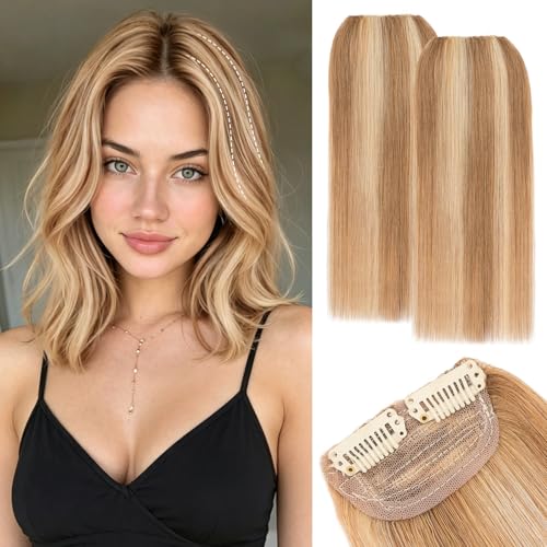 Clip-In Hair Extensions 10 Inch Thick Human Hair Short Volume Clip Set - Golden Brown & Bleach Blonde - Variation of THIS listing