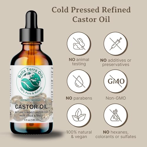 Bella Terra Oils - Organic Castor Oil 4 oz Glass Bottle - Dive into Pure Organic Castor Essence, High in Essential Fatty Acids, Perfect for Nourishing Beauty Rituals