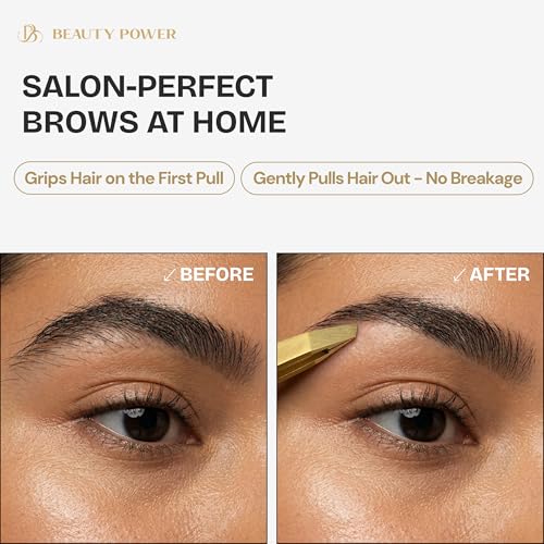 Gold Tweezers Set with Case - Professional Slant & Point Precision Tweezers for Eyebrows & Facial Grooming - Matte Gold Variation