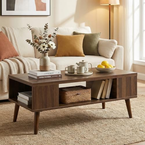 Mid Century Modern Walnut Coffee Table with Storage and Open Shelf