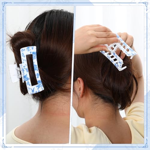 Blue Floral Hair Claw Clips Set - Large Hair Accessories for Women, 10 Pieces - Blue