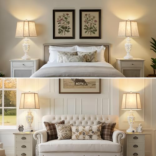 Cream Boho Bedside Lamp Set of 2 with USB-C & Nightlight - Rustic Farmhouse Table Lamps for Bedroom