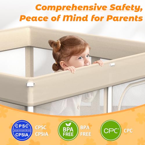 Foldable Baby Playpen - Apricot 50x50 Inch Portable Toddler Play Yard with Zipper Door