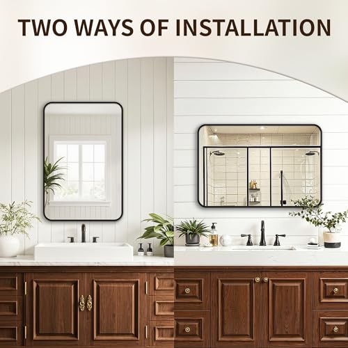 Black Bathroom Mirror Set - 30x20 Inch HD Tempered Wall Mirrors, 2 Pack with Rounded Corners