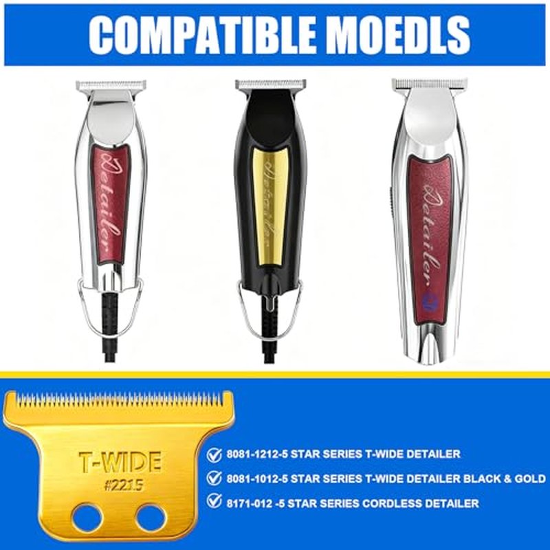 2PCS 2215 Replacement T Wide Blades Compatible with Wahl 5 Star Detailer Li Trimmer(8081) and (8171) - Adjustable Stainless-steel Zero-Gap Trimmer Blade (2PCS-Gold)