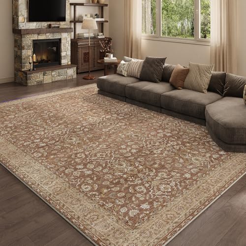 9x12 Reddish Brown Washable Area Rug for Living Room - Vintage Print, Non-Slip, Pet-Friendly, Machine Washable