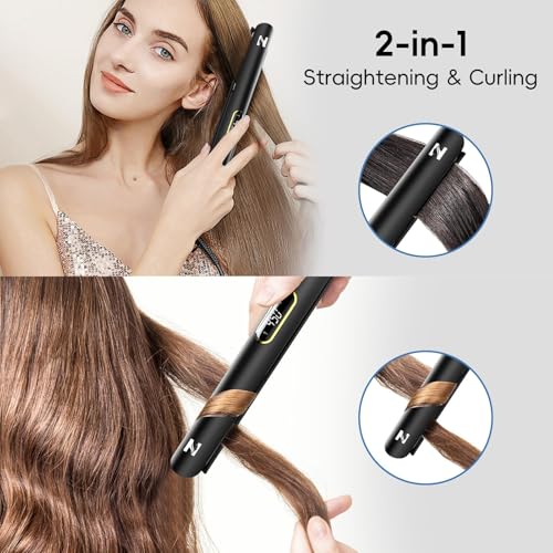 Nicebay Titanium Flat Iron Hair Straightener & Curler 2-in-1, Fast Heating, LCD Display