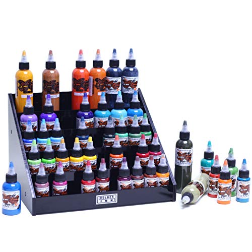 acrylic display stand organizer for tattoo inks, nail polish bottles and other beauty essentials that keeps them organized, secured and ready to use.