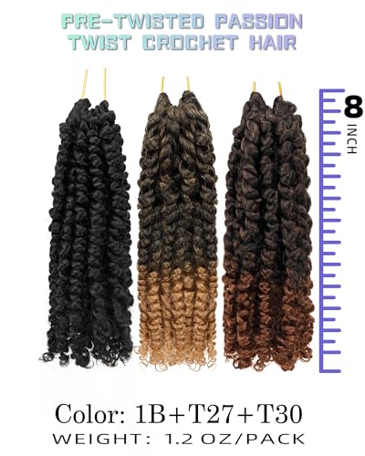 8 Inch Passion Twist Crochet Hair Pack of 9 - Mixed Color, Pre-Twisted, Soft & Bouncy for Black Women & Kids Variation of THIS listing