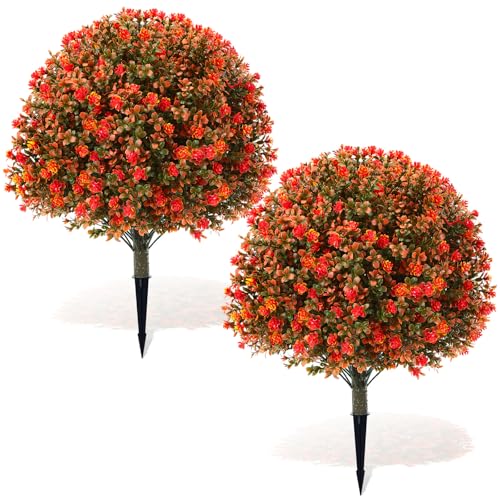Fall Orange Topiary Boxwood Ball Tree 27 Inch - Pack of 2, Outdoor & Indoor Decor