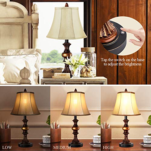 Bronze Touch Control Vintage Bedside Table Lamp Set of 2 with Dual USB Ports and 3-Way Dimming