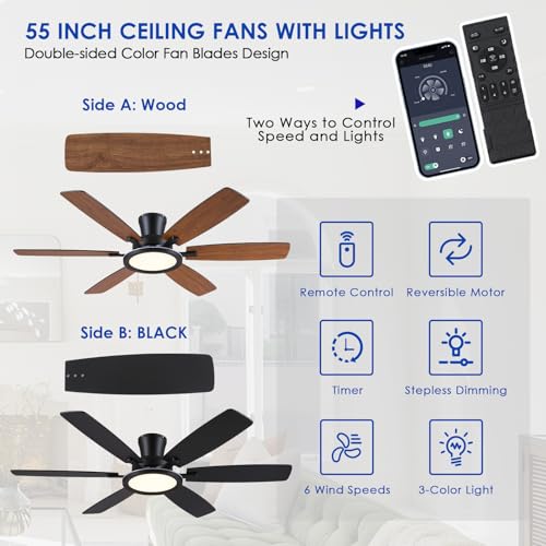 Black 55in RGB Flush Mount Ceiling Fan with Remote & Dimmable Light