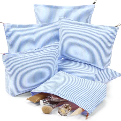 Sanwuta 6-Pack Seersucker Stripe Makeup Bags - Blue, Spacious & Durable