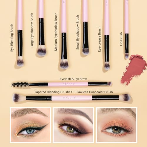 MAGEFY Pink 12-Piece Makeup Brush Set with Bag - Double-Ended Face & Eye Brushes