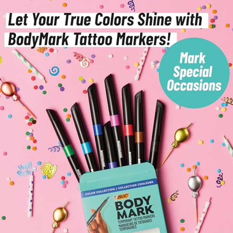 BIC BodyMark Temporary Tattoo Marker with Cosmetic Quality and Skin Safety, 8-Count in Assorted Colors