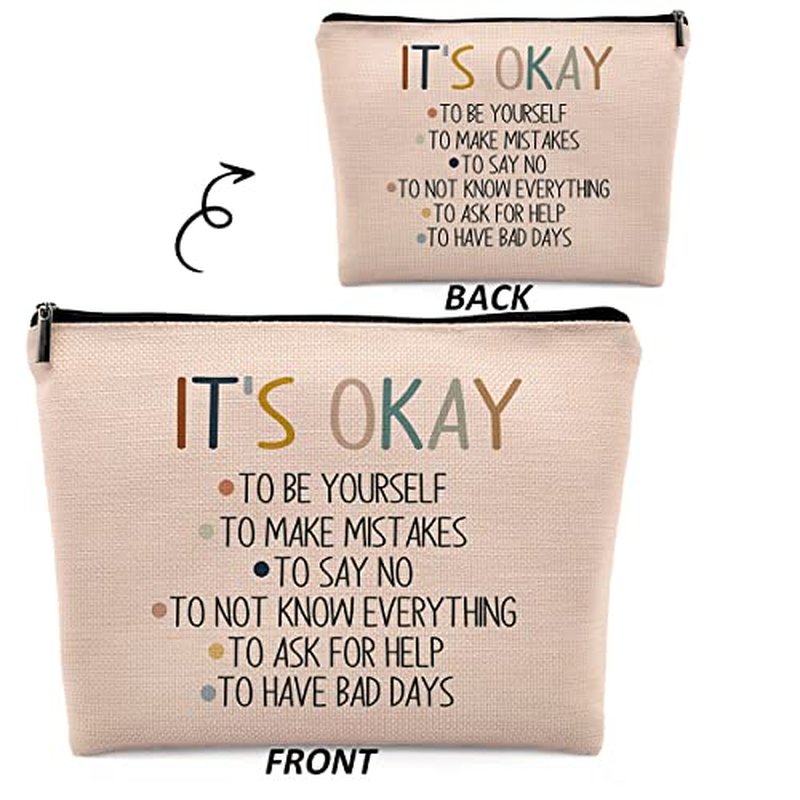 It's Okay to Be Yourself Mental Health Makeup Cosmetic Bag£¬Motivational Self Care Linen Makeup Travel Toiletry Bag, Boho Inspirational Art Cosmetic Bag Gifts For Teen Girls Teens Counselor