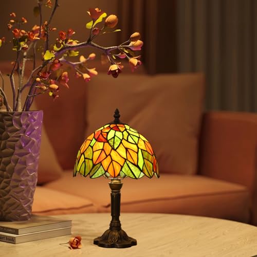 HUORUIKY Maple Leaves Tiffany Table Lamp 9x9x15 Inch with 3-Way Color Temperature & LED Bulb