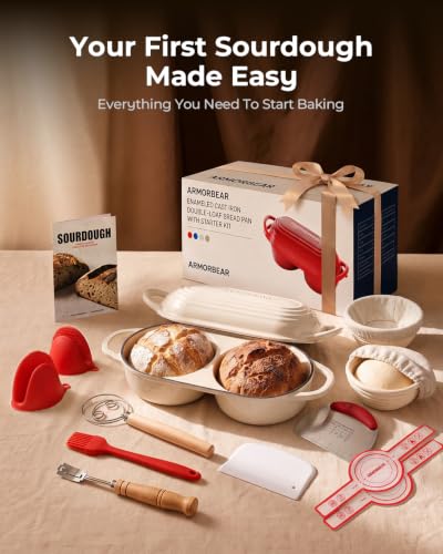 Armorbear White Double Loaf Sourdough Bread Baking Kit with Cast Iron Dutch Oven