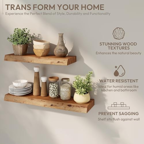Natural Live Edge Wood Floating Shelves 36 Inch Wall Mounted 2 Pack