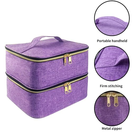Meichoon Essentials Nail Polish Carrying Organizer 2 Layers Storage Holder Case with Adjustable Bottle Compartment 30 Bottles of Gel lamp and Manicure Tools Large Makeup Bag Travel Purple