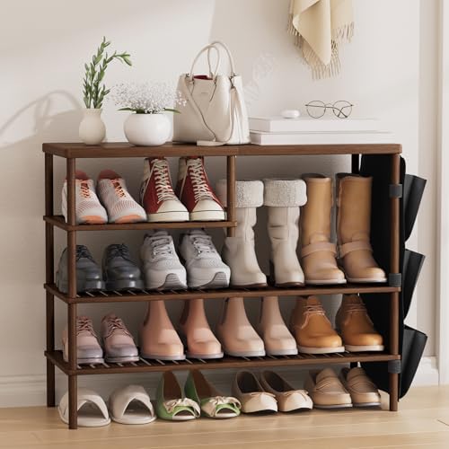 Walnut Brown Bamboo Shoe Rack 4 Tiers - Freestanding Shoe Organizer for 20-24 Pairs
