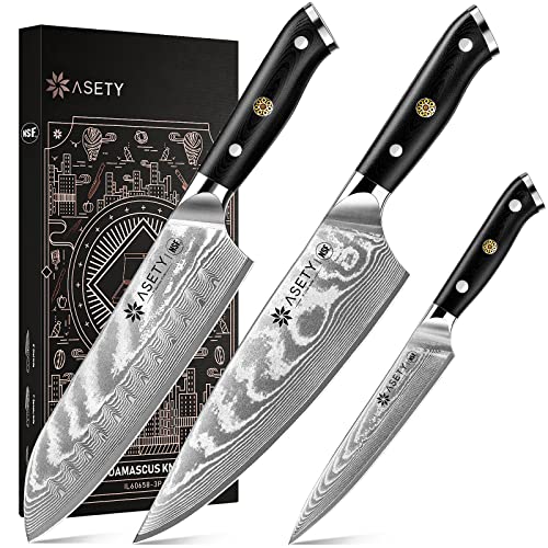 ASETY Damascus Knife Set 3 Pieces with G10 Handle - Chef, Santoku & Utility Knives