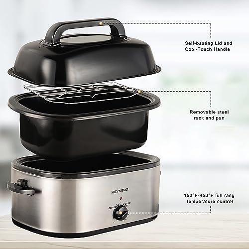 26 Quart Electric Roaster Oven with Viewing Lid, Large Stainless Steel Turkey Cooker