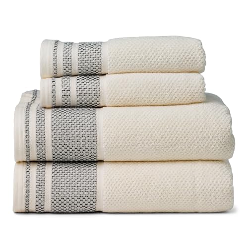 TexereSilk Organic Cotton Luxury Bath Towel Set - Cream w/Black Rice Weave, 2 Bath & 2 Hand Towels