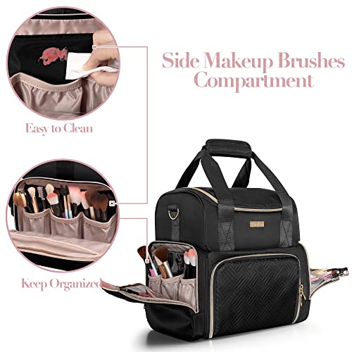 Large Cosmetic Bag with 3 Removable Case, Double Layer Travel Organizer with Inner Dividers and Makeup Brushes Storage Section, Black (Patented Design)