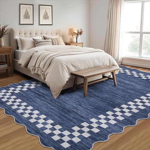Blue Scalloped Area Rug 6x9 Large Non-Slip Washable Living Room Carpet
