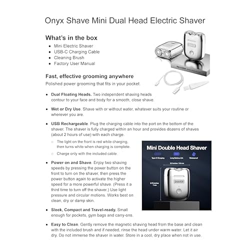 Onyx Shaver Mini Dual Head Rotary Electric Razor for Men Portable Travel Shaver USB C Rechargeable Wet or Dry Use Lightweight Pocket Size Electric Shavers for Men Two Speed Easy Clean Detachable Head