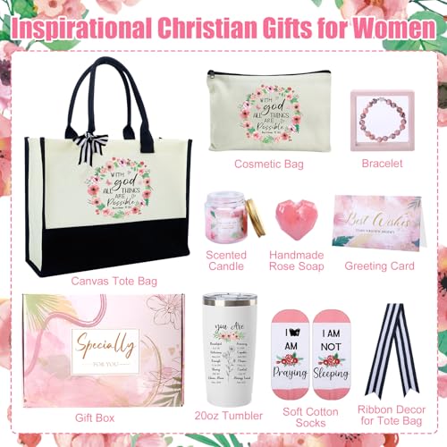 Christian Gifts for Women Faith Inspirational Religious Gifts Baskets for Mother Friends Grandma Encourage Bible Baptism Set with Canvas Tote Bag Socks Tumbler