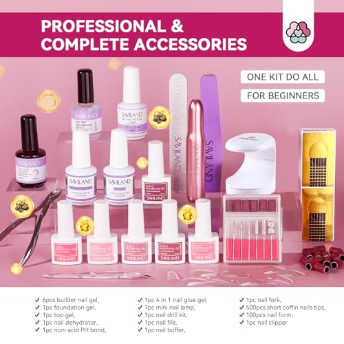 SAVILAND Builder Nail Gel Kit with Nail Drill – 18 Pieces, 6 Colors, UV Lamp, Nail Tips & Tools