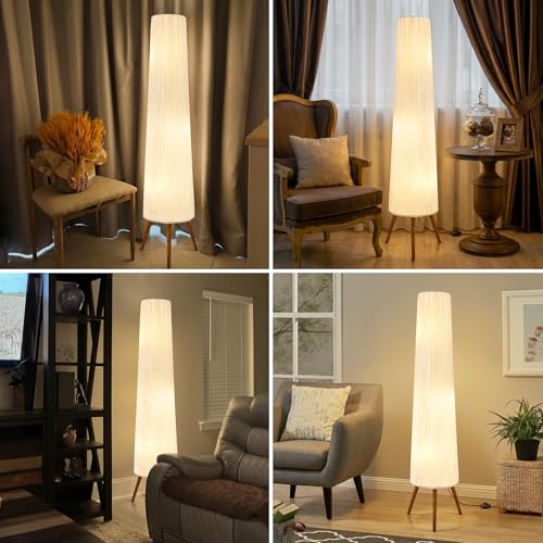 GyroVu 60-Inch Oatmeal Wood Floor Lamp with Color Temperature Dimming - Beige Shade