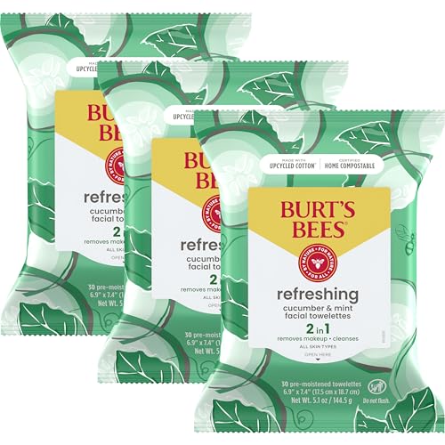 Burt's Bees Cucumber & Mint Facial Wipes 30 Pack (3-Pack) - Natural Makeup Remover & Cleanser