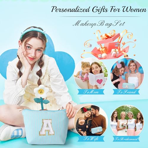 Light Blue Personalized Initial Makeup Bag for Girls 10-12 - Cosmetic & Travel Toiletry Bag