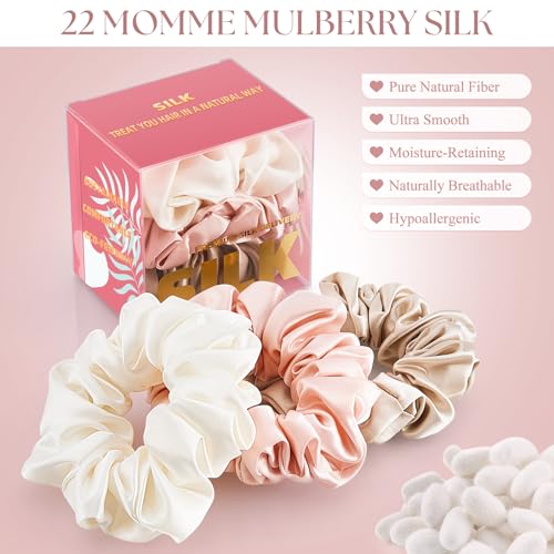 Mulberry Silk Scrunchies 3 Pack - White Pink Champagne Large Hair Ties for Fine, Thin & Sensitive Hair