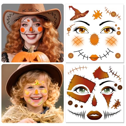 HOWAF 4 Sheets Scarecrow Face Tattoos for Halloween Scarecrow Costume, Straw Witch Sunflower Temporary Tattoos for Scarecrows Cosplay Supplies, Scarecrows Fake Tattoos Full Face Tattoo